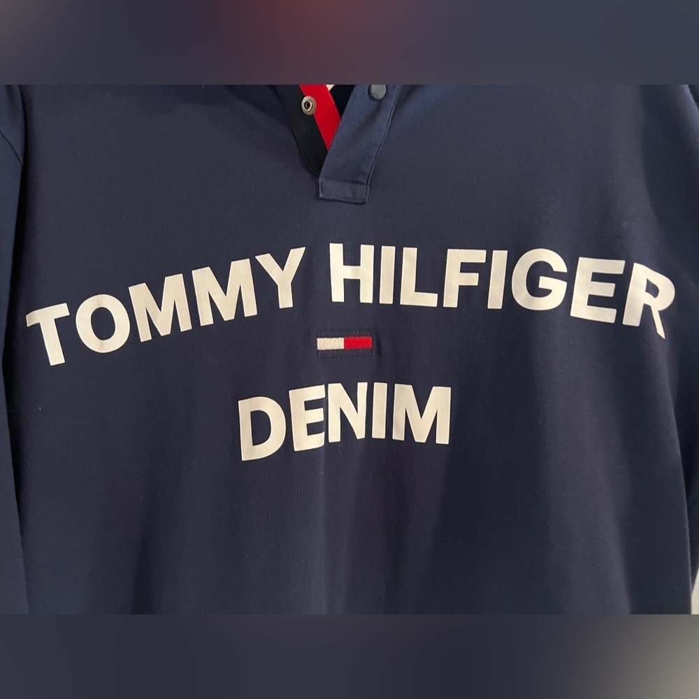 Tommy Hilfiger 100% Cotton Long Sleeve Navy & White Rugby Color Block Polo- Sz M - Picture 4 of 5